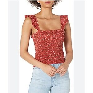 Lucky Brand Women Smocked Tank Top Floral Ruffle Summer‎ Casual Boho Red Small